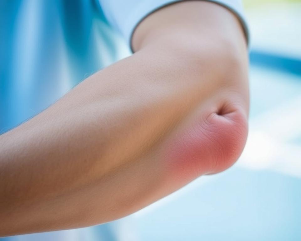 A close-up view of a tennis player's elbow, showing the characteristic swelling, redness, and tenderness associated with tennis elbow. The elbow is captured in natural daylight, with a soft, diffused lighting that highlights the contours and texture of the skin. The background is slightly blurred, keeping the focus on the affected elbow. The image conveys a sense of discomfort and the need for treatment, setting the stage for the article's exploration of a home-based solution for this common sports injury. A close-up view of a tennis player's elbow, showing the characteristic swelling, redness, and tenderness associated with tennis elbow. The elbow is captured in natural daylight, with a soft, diffused lighting that highlights the contours and texture of the skin. The background is slightly blurred, keeping the focus on the affected elbow. The image conveys a sense of discomfort and the need for treatment, setting the stage for the article's exploration of a home-based solution for this common sports injury.