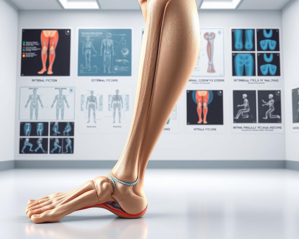 A detailed 3D medical illustration showcasing various treatment methods for tibial fractures. In the foreground, a cross-section of a lower leg displays a fractured tibia, highlighting different surgical approaches such as internal fixation with plates and screws, external fixation, and intramedullary nailing. The middle ground features anatomical diagrams and X-ray images, providing technical insights into the healing process and rehabilitation exercises. The background depicts a clean, sterile medical environment with soft, diffused lighting to convey a sense of professionalism and authority. The overall composition is meticulously crafted to educate and inform healthcare professionals on the latest advancements in tibial fracture management. A detailed 3D medical illustration showcasing various treatment methods for tibial fractures. In the foreground, a cross-section of a lower leg displays a fractured tibia, highlighting different surgical approaches such as internal fixation with plates and screws, external fixation, and intramedullary nailing. The middle ground features anatomical diagrams and X-ray images, providing technical insights into the healing process and rehabilitation exercises. The background depicts a clean, sterile medical environment with soft, diffused lighting to convey a sense of professionalism and authority. The overall composition is meticulously crafted to educate and inform healthcare professionals on the latest advancements in tibial fracture management.