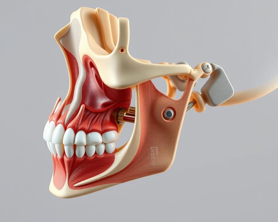 A detailed anatomical cross-section of the human jaw, showcasing the key structures of the temporomandibular joint (TMJ) and surrounding musculature. Rendered in high-fidelity 3D, with precise, labeled illustrations of the mandible, maxilla, zygomatic arch, and other relevant bony and soft tissue components. Depicted under soft, diffuse lighting to accentuate the intricate forms and textures, captured from an angled, semi-cutaway perspective to provide optimal visibility. The image conveys a sense of clinical study and medical inquiry, suitable for illustrating the diagnostic aspects of temporomandibular disorders. A detailed anatomical cross-section of the human jaw, showcasing the key structures of the temporomandibular joint (TMJ) and surrounding musculature. Rendered in high-fidelity 3D, with precise, labeled illustrations of the mandible, maxilla, zygomatic arch, and other relevant bony and soft tissue components. Depicted under soft, diffuse lighting to accentuate the intricate forms and textures, captured from an angled, semi-cutaway perspective to provide optimal visibility. The image conveys a sense of clinical study and medical inquiry, suitable for illustrating the diagnostic aspects of temporomandibular disorders.