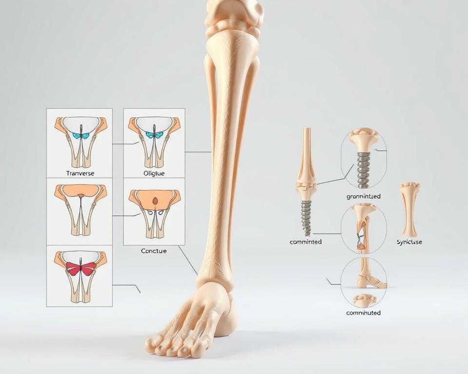 A detailed anatomical illustration of the various types of tibial fractures, captured in a scientific and educational style. The foreground features cross-sectional diagrams highlighting the different fracture patterns, such as transverse, oblique, spiral, and comminuted, along with clear labeling of the key anatomical structures. The middle ground showcases a rendered 3D model of the lower leg, rotated to provide multiple perspectives on the bone structure. The background softly blurs, creating a clean, clinical atmosphere that focuses the viewer's attention on the informative medical visuals. A detailed anatomical illustration of the various types of tibial fractures, captured in a scientific and educational style. The foreground features cross-sectional diagrams highlighting the different fracture patterns, such as transverse, oblique, spiral, and comminuted, along with clear labeling of the key anatomical structures. The middle ground showcases a rendered 3D model of the lower leg, rotated to provide multiple perspectives on the bone structure. The background softly blurs, creating a clean, clinical atmosphere that focuses the viewer's attention on the informative medical visuals.