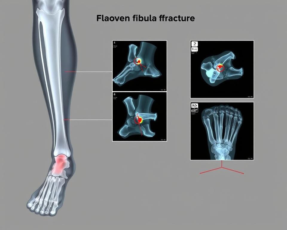 A detailed, clinical illustration showcasing the diagnostic process for an isolated fibula fracture. The image should depict a patient's lower leg in a three-quarter view, highlighting the relevant anatomy. Crisp, high-resolution x-ray scans of the fractured fibula should be prominently featured, accompanied by detailed medical illustrations annotating the injury site, fracture line, and other key diagnostic markers. The overall mood should convey a sense of professional, technical precision, with clean, well-lit rendering and a neutral color palette to emphasize the medical subject matter.