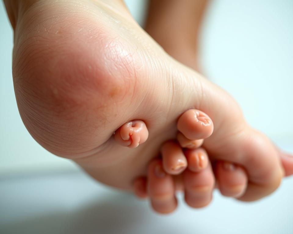 A detailed close-up examination of a human foot, revealing multiple subcutaneous nodules or lumps on the sole and sides. The image should be captured in soft, natural lighting, with a shallow depth of field to emphasize the textural details of the skin and protrusions. Shoot from a slightly elevated angle to provide a clear, unobstructed view of the affected area. Convey a clinical, diagnostic atmosphere, allowing the viewer to closely inspect the gnarled, fleshy growths on the foot. A detailed close-up examination of a human foot, revealing multiple subcutaneous nodules or lumps on the sole and sides. The image should be captured in soft, natural lighting, with a shallow depth of field to emphasize the textural details of the skin and protrusions. Shoot from a slightly elevated angle to provide a clear, unobstructed view of the affected area. Convey a clinical, diagnostic atmosphere, allowing the viewer to closely inspect the gnarled, fleshy growths on the foot.