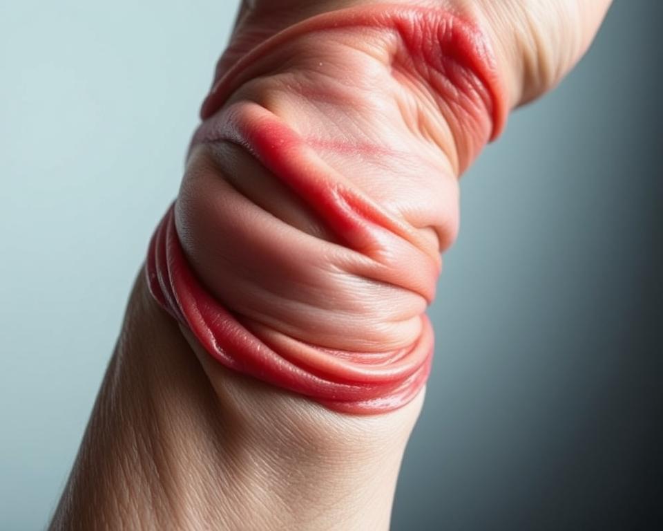 A detailed close-up view of a twisted, swollen human wrist, conveying the painful aftermath of a sudden sprain or fracture. The skin appears reddened and inflamed, with bruising and discoloration visible. The wrist is captured in a slightly flexed position, highlighting the unnatural angle and strain on the affected joint. The lighting is soft and diffuse, casting subtle shadows that accentuate the contours and textures of the damaged area. The background is blurred, keeping the focus squarely on the injured wrist and its distressed state, evoking a sense of discomfort and the need for medical attention. A detailed close-up view of a twisted, swollen human wrist, conveying the painful aftermath of a sudden sprain or fracture. The skin appears reddened and inflamed, with bruising and discoloration visible. The wrist is captured in a slightly flexed position, highlighting the unnatural angle and strain on the affected joint. The lighting is soft and diffuse, casting subtle shadows that accentuate the contours and textures of the damaged area. The background is blurred, keeping the focus squarely on the injured wrist and its distressed state, evoking a sense of discomfort and the need for medical attention.