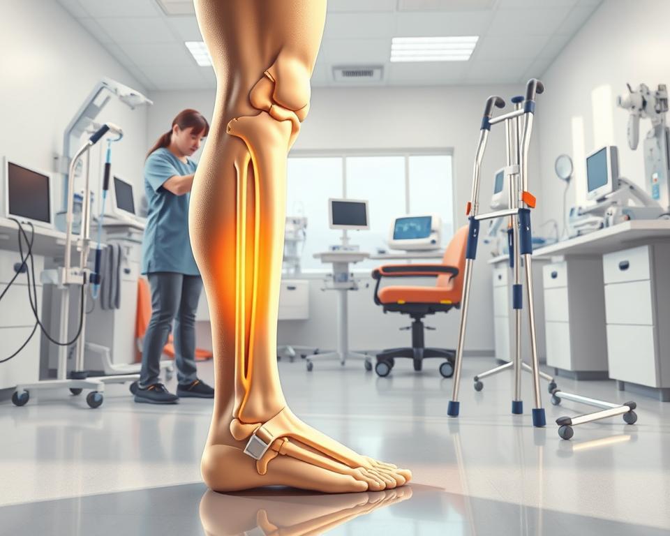 A detailed medical illustration depicting the early stages of femoral bone rehabilitation. The scene shows a human leg with a visible fracture, surrounded by various medical equipment and tools used in the rehabilitation process. The foreground features a physical therapist guiding the patient through gentle range-of-motion exercises, while the middle ground showcases orthopedic devices like braces and crutches. The background includes a clean, sterile medical environment with modern equipment and diagnostic tools. The lighting is soft and natural, casting a calming, clinical atmosphere. The perspective is slightly elevated, providing a comprehensive view of the rehabilitation workflow. A detailed medical illustration depicting the early stages of femoral bone rehabilitation. The scene shows a human leg with a visible fracture, surrounded by various medical equipment and tools used in the rehabilitation process. The foreground features a physical therapist guiding the patient through gentle range-of-motion exercises, while the middle ground showcases orthopedic devices like braces and crutches. The background includes a clean, sterile medical environment with modern equipment and diagnostic tools. The lighting is soft and natural, casting a calming, clinical atmosphere. The perspective is slightly elevated, providing a comprehensive view of the rehabilitation workflow.