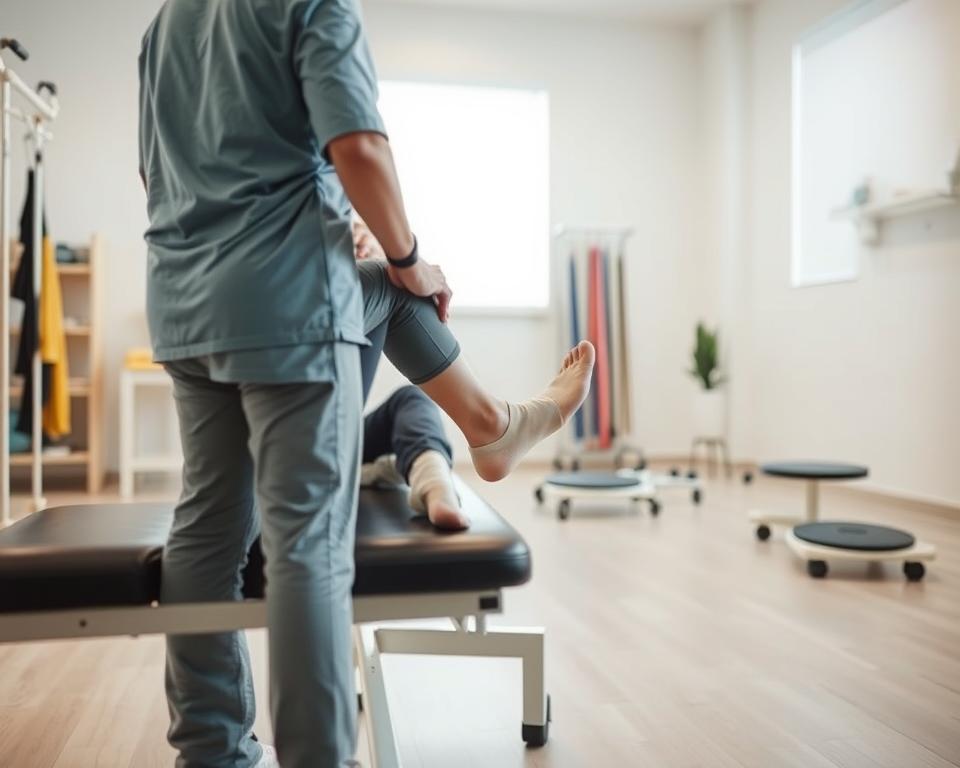A patient performing rehabilitative exercises for a fractured fibula. In the foreground, the patient is seated on a therapy bench, gently flexing and extending their ankle under the guidance of a physical therapist. Soft, diffused lighting illuminates the scene, creating a calming atmosphere. In the middle ground, various rehabilitation equipment such as resistance bands and balance boards are visible, hinting at the comprehensive nature of the therapy. The background features a clean, minimalist medical environment, with white walls and subtle accents, allowing the focus to remain on the therapeutic process. The overall mood conveys a sense of progress and healing through intentional, professional care.