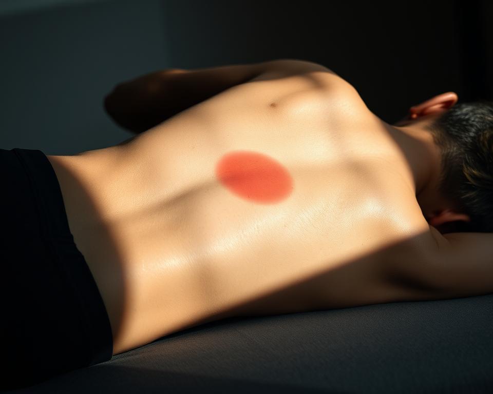 A person lying on their side, their back exposed, displaying an area of pain and discomfort around the upper back and lungs. The scene is lit from the side, casting shadows that accentuate the contours of the body. The background is blurred, hazy, and neutral, allowing the focus to remain on the subject. The mood is one of concern and introspection, as the individual contemplates the source of their affliction. The image should convey a sense of careful medical examination, with a clinical yet empathetic tone. A person lying on their side, their back exposed, displaying an area of pain and discomfort around the upper back and lungs. The scene is lit from the side, casting shadows that accentuate the contours of the body. The background is blurred, hazy, and neutral, allowing the focus to remain on the subject. The mood is one of concern and introspection, as the individual contemplates the source of their affliction. The image should convey a sense of careful medical examination, with a clinical yet empathetic tone.