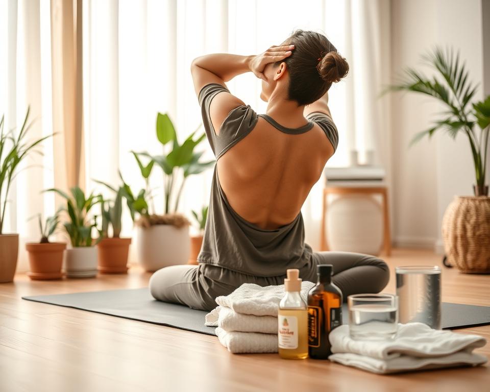 A serene home setting with a person gently stretching on a yoga mat, surrounded by natural elements like potted plants and soft lighting filtering through sheer curtains. The person's posture and facial expression convey a sense of relief and relaxation, highlighting the calming effects of the stretching routine. In the background, various home remedies like heating pads, massage oils, and a glass of water are neatly arranged, creating a cohesive scene that showcases effective methods for soothing back pain. The overall atmosphere is warm, inviting, and conducive to healing. A serene home setting with a person gently stretching on a yoga mat, surrounded by natural elements like potted plants and soft lighting filtering through sheer curtains. The person's posture and facial expression convey a sense of relief and relaxation, highlighting the calming effects of the stretching routine. In the background, various home remedies like heating pads, massage oils, and a glass of water are neatly arranged, creating a cohesive scene that showcases effective methods for soothing back pain. The overall atmosphere is warm, inviting, and conducive to healing.