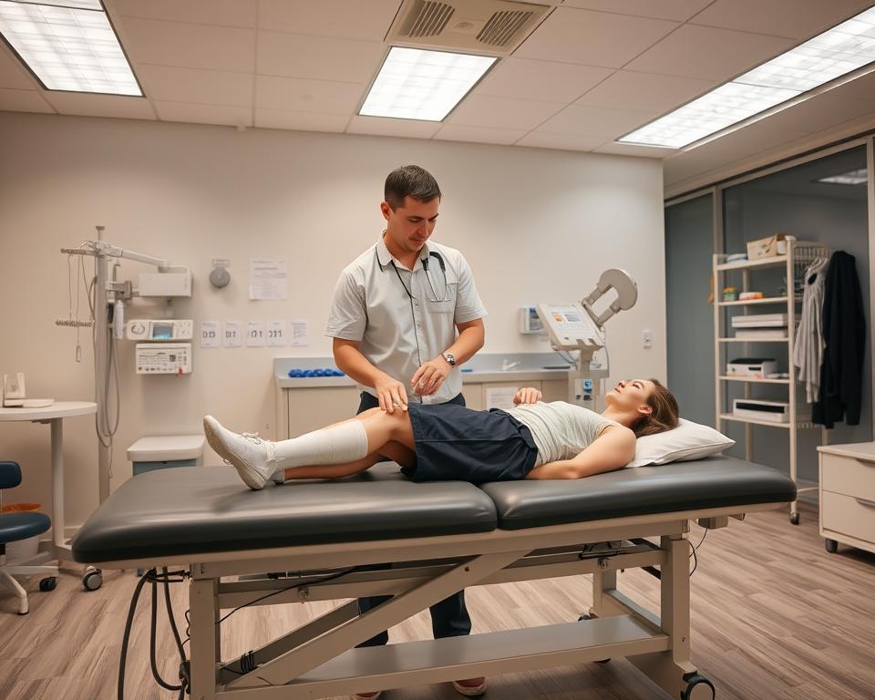 A well-lit medical clinic interior, with a physical therapist guiding a patient through a series of exercises on a therapy table. The patient's injured leg is wrapped in bandages, and the therapist is applying various physiotherapy techniques such as massage, heat therapy, and electrical stimulation. The room is spacious and clean, with modern medical equipment and supplies visible in the background. The lighting is soft and warm, creating a calming atmosphere conducive to the healing process. The scene conveys a sense of professionalism, care, and the patient's progress towards recovery. A well-lit medical clinic interior, with a physical therapist guiding a patient through a series of exercises on a therapy table. The patient's injured leg is wrapped in bandages, and the therapist is applying various physiotherapy techniques such as massage, heat therapy, and electrical stimulation. The room is spacious and clean, with modern medical equipment and supplies visible in the background. The lighting is soft and warm, creating a calming atmosphere conducive to the healing process. The scene conveys a sense of professionalism, care, and the patient's progress towards recovery.