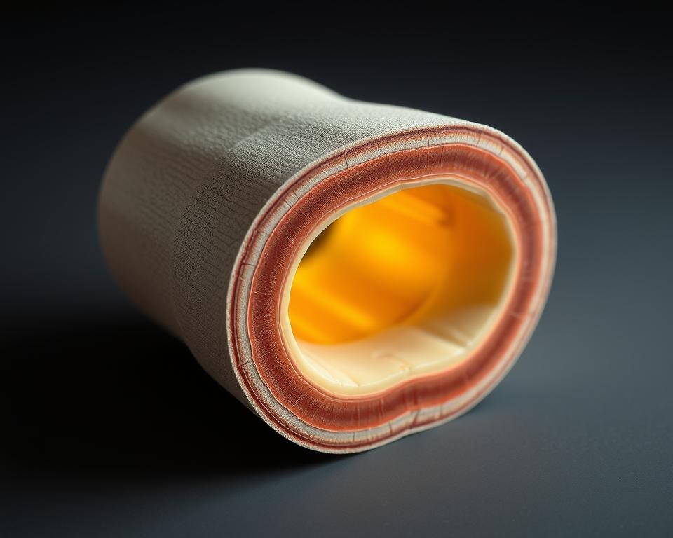 Anatomical cross-section of a synovial joint capsule, showcasing its intricate layers and structures. Detailed rendering of the fibrous outer layer, the synovial membrane lining the inner surface, and the fluid-filled joint cavity. Crisp, high-resolution illustration highlighting the key anatomical features that comprise the joint capsule, presented from an angle that provides optimal visibility. Subtle lighting accentuates the textures and depth, creating a sense of depth and realism. The image should convey a sense of technical precision and medical illustration aesthetics, suitable for educational purposes. Anatomical cross-section of a synovial joint capsule, showcasing its intricate layers and structures. Detailed rendering of the fibrous outer layer, the synovial membrane lining the inner surface, and the fluid-filled joint cavity. Crisp, high-resolution illustration highlighting the key anatomical features that comprise the joint capsule, presented from an angle that provides optimal visibility. Subtle lighting accentuates the textures and depth, creating a sense of depth and realism. The image should convey a sense of technical precision and medical illustration aesthetics, suitable for educational purposes.