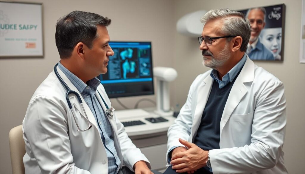 Pacjent podczas konsultacji dotyczącej leczenia zaburzeń erekcji falą uderzeniową Pacjent podczas konsultacji dotyczącej leczenia zaburzeń erekcji falą uderzeniową