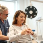 Rehabilitacja po operacji oponiaka mózgu - pacjent podczas ćwiczeń rehabilitacyjnych pod okiem fizjoterapeuty