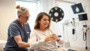 Rehabilitacja po operacji oponiaka mózgu - pacjent podczas ćwiczeń rehabilitacyjnych pod okiem fizjoterapeuty