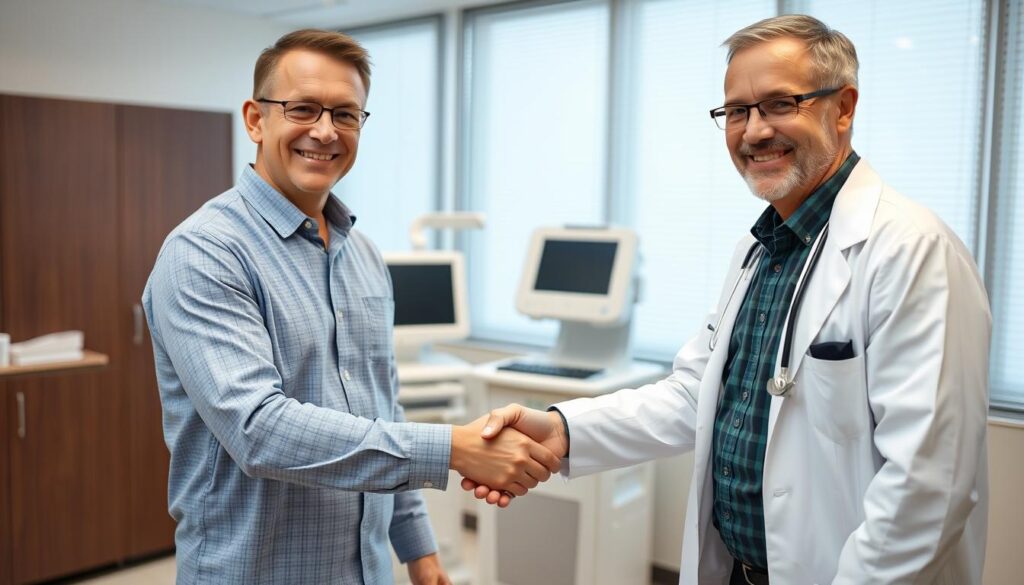 Zadowolony pacjent po ukończeniu terapii zaburzeń erekcji falą uderzeniową Zadowolony pacjent po ukończeniu terapii zaburzeń erekcji falą uderzeniową