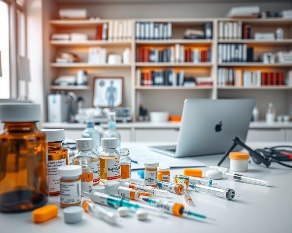A clinical laboratory setting with medical equipment and pharmaceuticals on display. In the foreground, an array of medication bottles, syringes, and other treatment paraphernalia. In the middle ground, a doctor's desk with a laptop, charts, and a magnifying glass, conveying the process of evaluating and prescribing pharmacological interventions. The background features shelves stocked with medical reference books and diagnostic tools, illuminated by warm, focused lighting that creates a professional, authoritative atmosphere. The overall scene suggests the comprehensive, evidence-based approach to managing sciatica through pharmacotherapy. A clinical laboratory setting with medical equipment and pharmaceuticals on display. In the foreground, an array of medication bottles, syringes, and other treatment paraphernalia. In the middle ground, a doctor's desk with a laptop, charts, and a magnifying glass, conveying the process of evaluating and prescribing pharmacological interventions. The background features shelves stocked with medical reference books and diagnostic tools, illuminated by warm, focused lighting that creates a professional, authoritative atmosphere. The overall scene suggests the comprehensive, evidence-based approach to managing sciatica through pharmacotherapy.