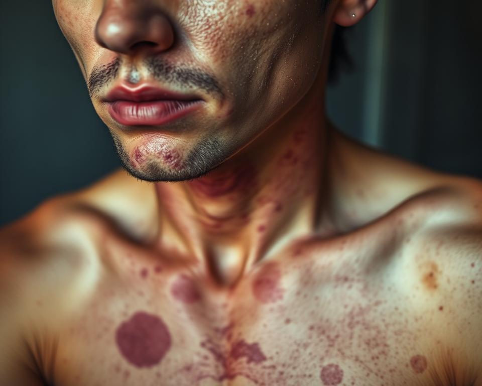 A close-up portrait of a person's face and upper body, showcasing various skin conditions associated with Hashimoto's thyroiditis. The subject's skin appears dry, flaky, and discolored, with patches of redness and blemishes. The lighting is soft and diffused, creating a subtle, documentary-style aesthetic. The background is blurred, allowing the skin to be the central focus. The image conveys a sense of concern and the need for medical attention, while remaining visually compelling and true to the subject matter.