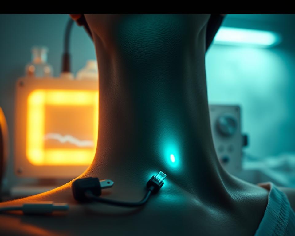 A close-up view of a calcium chloride ionophoresis procedure in progress. The foreground shows a person's neck, with electrodes placed on the skin, and a bluish-green ionic current visibly flowing between them. The middle ground features a medical device or instrument with controls and readouts, casting a warm glow over the scene. The background is hazy and atmospheric, suggesting a clinical or laboratory setting with subtle lighting and muted colors. The overall mood is one of scientific precision and medical application, with a sense of the technological and physiological processes at work. A close-up view of a calcium chloride ionophoresis procedure in progress. The foreground shows a person's neck, with electrodes placed on the skin, and a bluish-green ionic current visibly flowing between them. The middle ground features a medical device or instrument with controls and readouts, casting a warm glow over the scene. The background is hazy and atmospheric, suggesting a clinical or laboratory setting with subtle lighting and muted colors. The overall mood is one of scientific precision and medical application, with a sense of the technological and physiological processes at work.