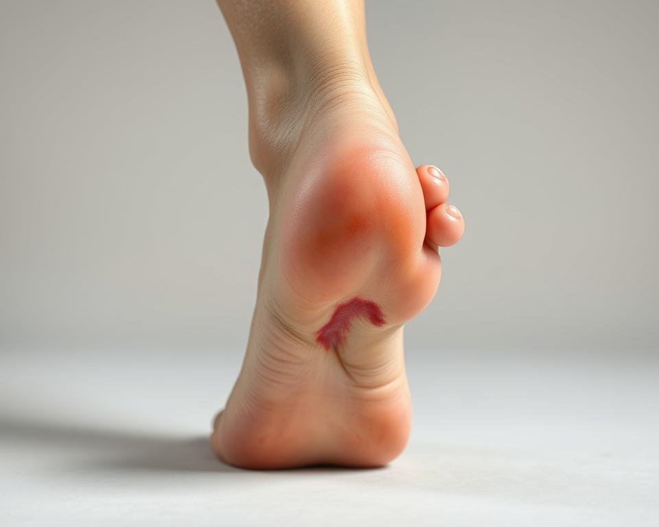A close-up view of a human foot, with a distinct bulge and inflammation on the underside, indicating plantar fasciitis. The skin is slightly reddened, and the area appears tender to the touch. The foot is positioned on a neutral, minimalist background, allowing the focus to remain on the prominent, detailed depiction of the affected area. Soft, diffused lighting from above casts subtle shadows, highlighting the contours and textures of the foot. The overall mood is one of clinical examination, emphasizing the medical nature of the condition.