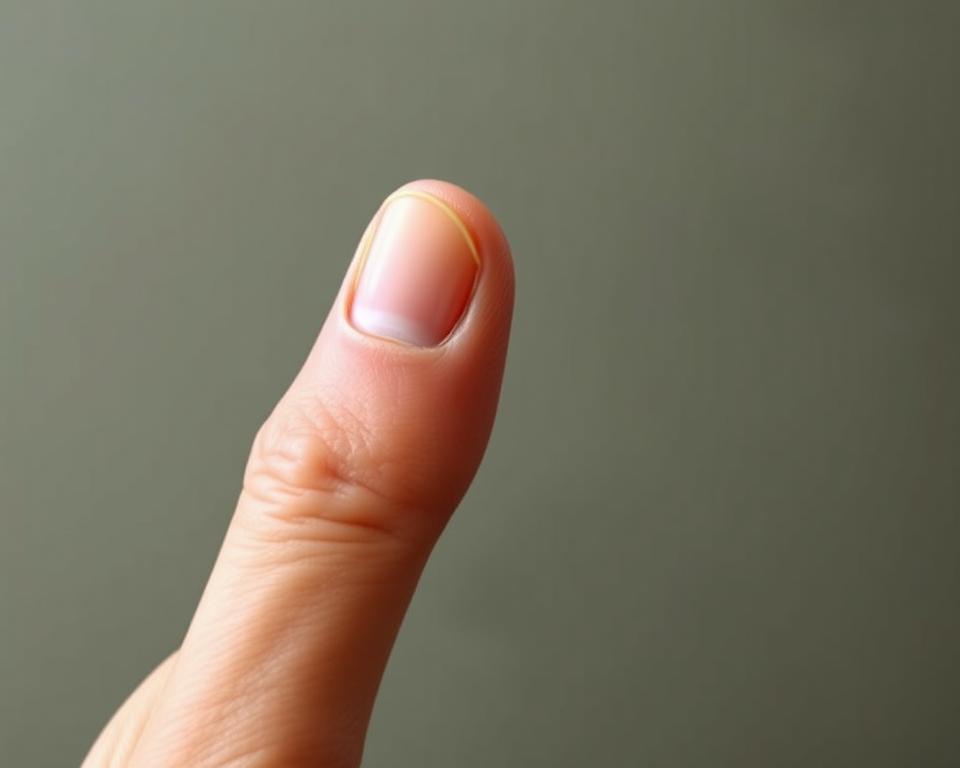A close-up view of a human thumb, highlighting the key anatomical features that contribute to de Quervain's tenosynovitis. The thumb is positioned to showcase the tendons, ligaments, and muscles that extend from the wrist and connect to the thumb, with a focus on the area around the base of the thumb where the pain often originates. The image is captured in soft, natural lighting to emphasize the subtle textures and contours of the thumb. The background is muted and blurred, keeping the attention on the details of the thumb anatomy. The overall mood is one of clinical examination, providing a clear visual reference for the underlying causes of thumb and wrist pain.