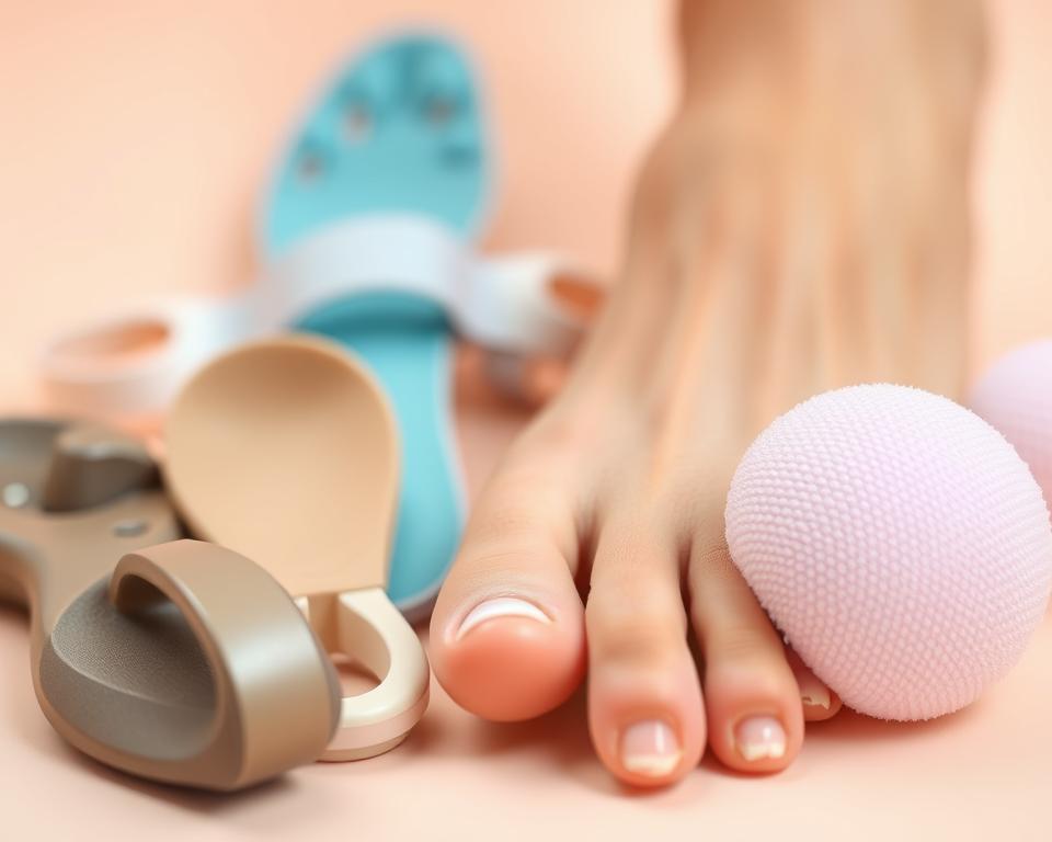 A close-up view of various non-surgical treatments for bunions, including orthotics, splints, and massage tools, set against a soft, pastel-colored background. The image should convey a sense of care, comfort, and natural healing, with a warm, soothing lighting that highlights the textures and materials of the featured items. The composition should be balanced and visually appealing, drawing the viewer's attention to the different non-surgical methods for addressing bunions.