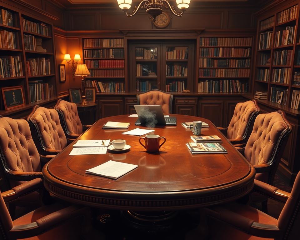 A cozy, dimly lit forum setting with a large, ornate wooden table surrounded by plush, worn chairs. The room has a warm, inviting atmosphere, with soft lighting casting shadows and highlights across the scene. At the center of the table, a steaming mug of tea or coffee sits alongside scattered notes, a laptop, and the occasional book or magazine. The walls are lined with bookcases filled with volumes on gastroenterology, psychology, and personal health. An air of contemplation and shared experiences permeates the space, hinting at the forum discussions and personal stories that have unfolded here.