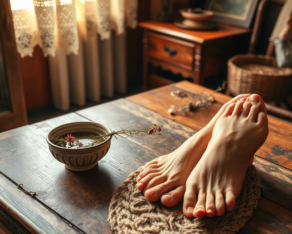 A cozy home setting with an old wooden table, a traditional ceramic bowl filled with natural remedies, and a pair of weathered feet resting on a plush rug. Warm afternoon light filters through lace curtains, casting a soft glow on the scene. Delicate sprigs of herbs and flowers adorn the tabletop, hinting at the time-honored folk remedies within. An atmosphere of comfort, nostalgia, and holistic wellness permeates the frame, inviting the viewer to discover the secrets of ancestral foot care. A cozy home setting with an old wooden table, a traditional ceramic bowl filled with natural remedies, and a pair of weathered feet resting on a plush rug. Warm afternoon light filters through lace curtains, casting a soft glow on the scene. Delicate sprigs of herbs and flowers adorn the tabletop, hinting at the time-honored folk remedies within. An atmosphere of comfort, nostalgia, and holistic wellness permeates the frame, inviting the viewer to discover the secrets of ancestral foot care.