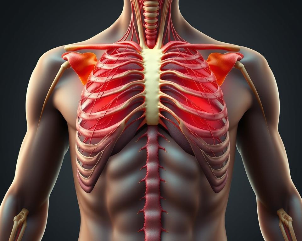 A cross-section of the human torso, showcasing the intricate network of nerves and muscles that constitute the intercostal region. The image should capture the underlying anatomical structures responsible for the condition of intercostal neuralgia, with a focus on the areas of compression or irritation that can lead to the characteristic shooting pains. Utilize a muted, earthy color palette to convey the seriousness and complexity of the medical condition. Employ a detailed, high-resolution rendering style to provide a clear, informative visual aid for the accompanying article. A cross-section of the human torso, showcasing the intricate network of nerves and muscles that constitute the intercostal region. The image should capture the underlying anatomical structures responsible for the condition of intercostal neuralgia, with a focus on the areas of compression or irritation that can lead to the characteristic shooting pains. Utilize a muted, earthy color palette to convey the seriousness and complexity of the medical condition. Employ a detailed, high-resolution rendering style to provide a clear, informative visual aid for the accompanying article.