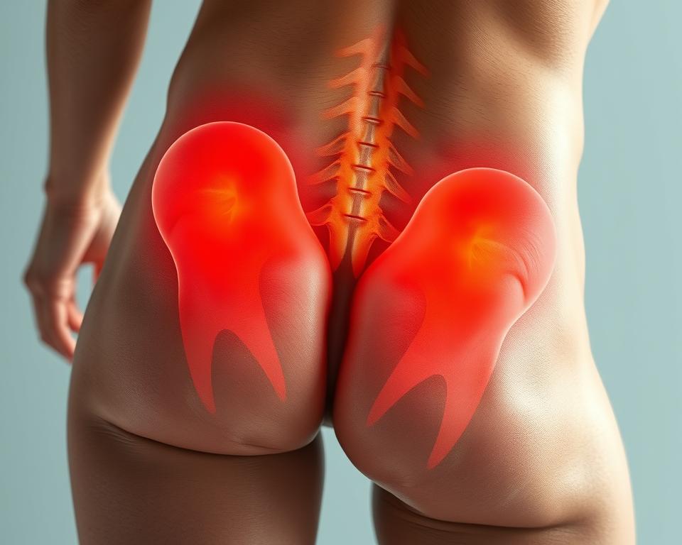 A detailed close-up view of a human lower back and hip area, showcasing the key symptoms of sciatic nerve pain or sciatica. The image should depict the affected region with clarity, highlighting areas of tenderness, inflammation, and muscle spasms. Use realistic lighting and textures to convey the physical discomfort and tension associated with this condition. The composition should be clean and anatomically accurate, allowing the viewer to clearly understand the underlying causes and manifestations of sciatica. The overall mood should be one of clinical examination and medical analysis, guiding the viewer towards a deeper understanding of this common musculoskeletal disorder. A detailed close-up view of a human lower back and hip area, showcasing the key symptoms of sciatic nerve pain or sciatica. The image should depict the affected region with clarity, highlighting areas of tenderness, inflammation, and muscle spasms. Use realistic lighting and textures to convey the physical discomfort and tension associated with this condition. The composition should be clean and anatomically accurate, allowing the viewer to clearly understand the underlying causes and manifestations of sciatica. The overall mood should be one of clinical examination and medical analysis, guiding the viewer towards a deeper understanding of this common musculoskeletal disorder.