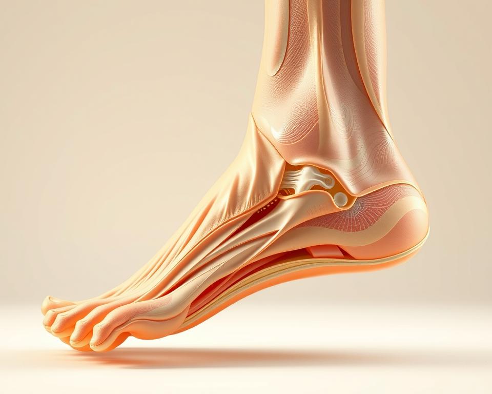 A detailed cross-section of the plantar fascia, also known as the "rozcięgno podeszwowe," prominently displayed against a neutral background. The fascia is shown in a soft, warm lighting, with clear delineation of its anatomical structure, including the various layers and connective tissues. The image captures the complexity and importance of this critical component of the foot, providing a comprehensive visual aid to illustrate the potential causes of heel pain and Achilles tendinitis. The composition emphasizes the plantar fascia's role in supporting the arch and transmitting forces from the Achilles tendon to the toes, offering a valuable educational resource for the article's target audience. A detailed cross-section of the plantar fascia, also known as the "rozcięgno podeszwowe," prominently displayed against a neutral background. The fascia is shown in a soft, warm lighting, with clear delineation of its anatomical structure, including the various layers and connective tissues. The image captures the complexity and importance of this critical component of the foot, providing a comprehensive visual aid to illustrate the potential causes of heel pain and Achilles tendinitis. The composition emphasizes the plantar fascia's role in supporting the arch and transmitting forces from the Achilles tendon to the toes, offering a valuable educational resource for the article's target audience.