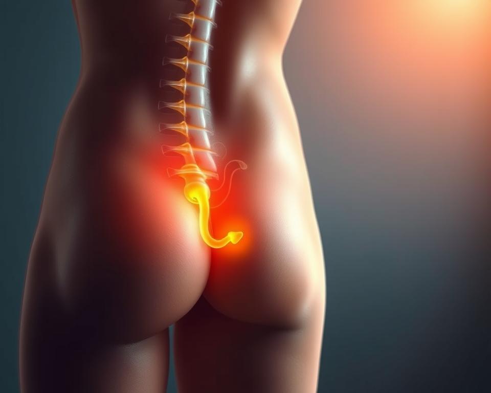 A detailed digital illustration of the symptoms of sciatic nerve pain, or sciatica. The image depicts a person's lower back and right leg, with the sciatic nerve highlighted and glowing, showing the path of the nerve and the areas of pain and discomfort. The foreground features a closeup view of the affected region, with intricate anatomical details and a warm, soft lighting that accentuates the nerve pathways. The middle ground shows the person's body in a neutral, relaxed pose, while the background is blurred and out of focus, creating a sense of clinical focus on the medical condition. The overall mood is one of informative clarity, allowing the viewer to understand the specific symptoms and manifestations of sciatica. A detailed digital illustration of the symptoms of sciatic nerve pain, or sciatica. The image depicts a person's lower back and right leg, with the sciatic nerve highlighted and glowing, showing the path of the nerve and the areas of pain and discomfort. The foreground features a closeup view of the affected region, with intricate anatomical details and a warm, soft lighting that accentuates the nerve pathways. The middle ground shows the person's body in a neutral, relaxed pose, while the background is blurred and out of focus, creating a sense of clinical focus on the medical condition. The overall mood is one of informative clarity, allowing the viewer to understand the specific symptoms and manifestations of sciatica.