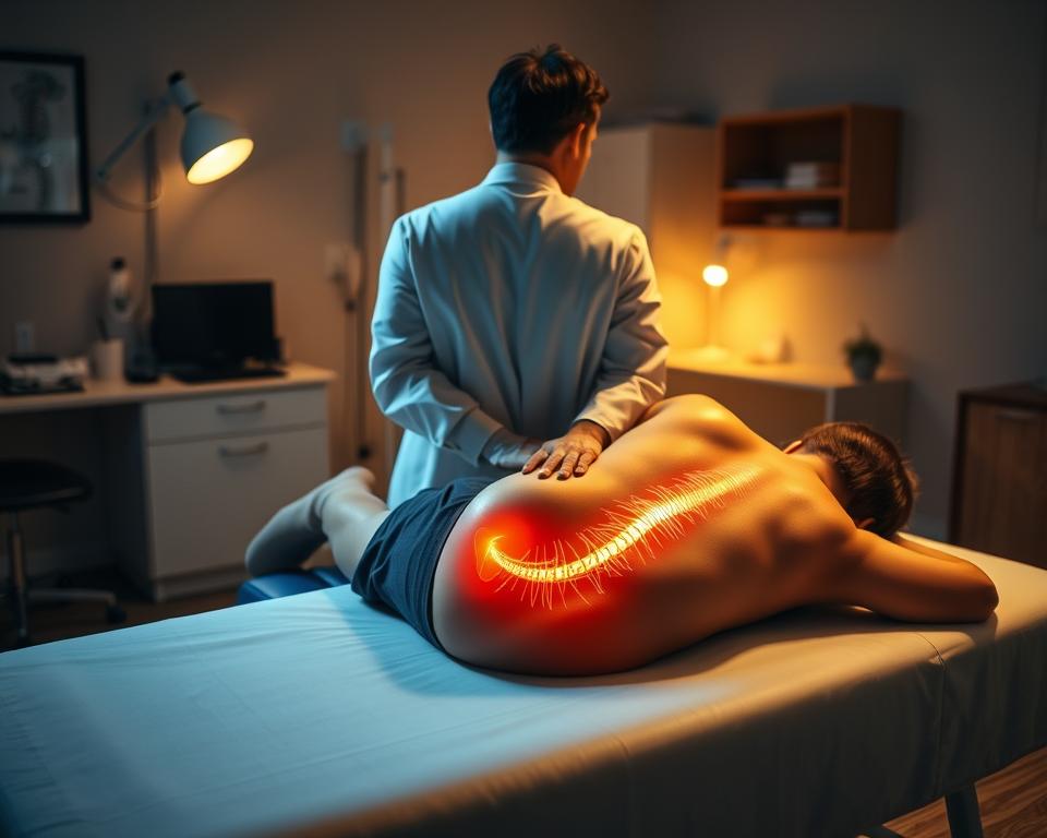 A dimly lit examination room, with a doctor's desk and medical equipment in the background. In the foreground, a patient lies on a treatment table, their lower back exposed, highlighting the sciatic nerve path. Gentle, warm lighting illuminates the scene, creating a soothing, therapeutic atmosphere. The doctor, wearing a white coat, gently applies pressure to the patient's leg, demonstrating a conservative treatment for sciatica. The composition emphasizes the connection between the patient's symptoms and the nerve pathway, conveying the essence of non-surgical sciatica management. A dimly lit examination room, with a doctor's desk and medical equipment in the background. In the foreground, a patient lies on a treatment table, their lower back exposed, highlighting the sciatic nerve path. Gentle, warm lighting illuminates the scene, creating a soothing, therapeutic atmosphere. The doctor, wearing a white coat, gently applies pressure to the patient's leg, demonstrating a conservative treatment for sciatica. The composition emphasizes the connection between the patient's symptoms and the nerve pathway, conveying the essence of non-surgical sciatica management.