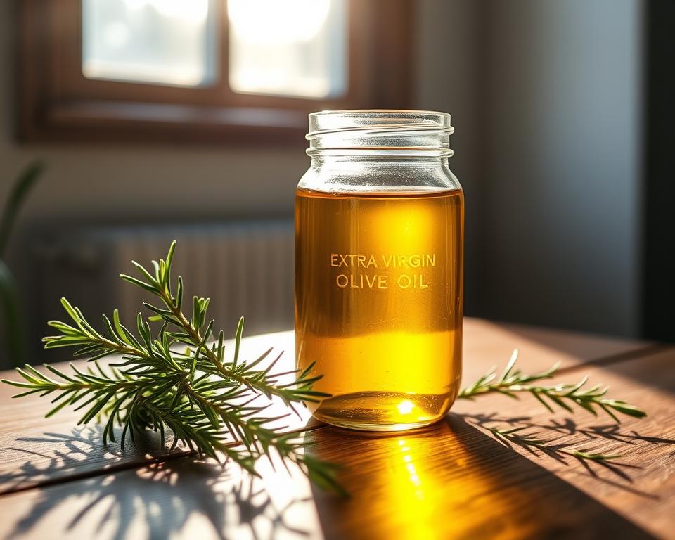 A glass jar filled with rich, golden extra virgin olive oil sits on a wooden table, casting warm reflections. Sunlight streams through a nearby window, illuminating the oil's vibrant hue and highlighting its viscous, silky texture. Sprigs of fresh rosemary and thyme are artfully arranged around the jar, adding a touch of natural elegance. The entire scene exudes a sense of simplicity, wellness, and the soothing, restorative power of this age-old natural remedy for digestive issues. The composition is balanced, the lighting is soft and inviting, and the overall mood is one of peaceful contemplation.