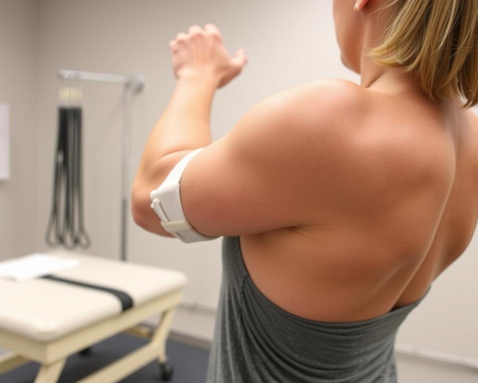 A person performing range-of-motion exercises for a fractured proximal humerus, as part of a rehabilitation program. The foreground shows the person's upper body, with the injured arm carefully positioned and supported. The middle ground features medical equipment like resistance bands and a therapy table. The background has a clean, clinical setting with neutral colors to focus attention on the exercise. Soft, diffused lighting illuminates the scene, capturing the delicate movements and gradual progress of the rehabilitation process. The overall mood is one of determination and care, reflecting the crucial steps towards recovery from a broken upper arm. A person performing range-of-motion exercises for a fractured proximal humerus, as part of a rehabilitation program. The foreground shows the person's upper body, with the injured arm carefully positioned and supported. The middle ground features medical equipment like resistance bands and a therapy table. The background has a clean, clinical setting with neutral colors to focus attention on the exercise. Soft, diffused lighting illuminates the scene, capturing the delicate movements and gradual progress of the rehabilitation process. The overall mood is one of determination and care, reflecting the crucial steps towards recovery from a broken upper arm.