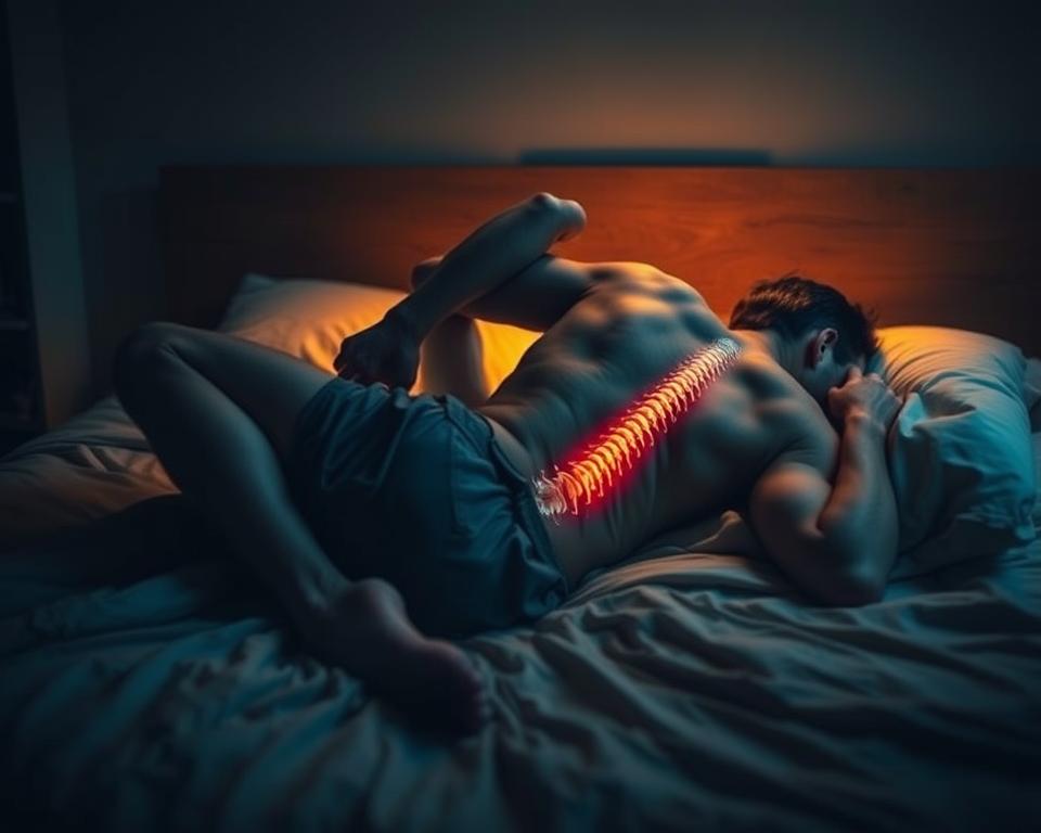 A person sleeping in an awkward, twisted position, causing strain on the upper back and spine. The figure is lying on their side with one leg bent and the other extended, arms positioned in an unnatural way. The room is dimly lit, with a warm, muted color palette to evoke a sense of discomfort and tension. The camera angle is slightly elevated, creating a sense of vulnerability and emphasizing the poor sleep posture. The background is blurred, keeping the focus on the subject's improper sleeping position and its potential impact on spinal health. A person sleeping in an awkward, twisted position, causing strain on the upper back and spine. The figure is lying on their side with one leg bent and the other extended, arms positioned in an unnatural way. The room is dimly lit, with a warm, muted color palette to evoke a sense of discomfort and tension. The camera angle is slightly elevated, creating a sense of vulnerability and emphasizing the poor sleep posture. The background is blurred, keeping the focus on the subject's improper sleeping position and its potential impact on spinal health.