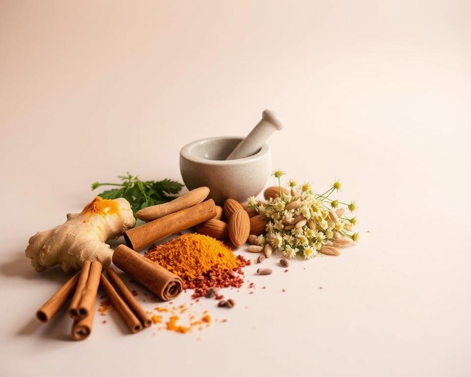 A still life arrangement of various natural ingredients for treating heel spurs, set against a clean, minimalist background. In the foreground, a selection of herbs and spices such as ginger, turmeric, cayenne pepper, and cinnamon sticks. In the middle ground, crushed almonds, dried chamomile flowers, and a small mortar and pestle. The background is a plain, neutral-colored surface, evenly lit from above to create soft, natural shadows. The overall mood is one of simplicity, tranquility, and the healing power of nature. A still life arrangement of various natural ingredients for treating heel spurs, set against a clean, minimalist background. In the foreground, a selection of herbs and spices such as ginger, turmeric, cayenne pepper, and cinnamon sticks. In the middle ground, crushed almonds, dried chamomile flowers, and a small mortar and pestle. The background is a plain, neutral-colored surface, evenly lit from above to create soft, natural shadows. The overall mood is one of simplicity, tranquility, and the healing power of nature.