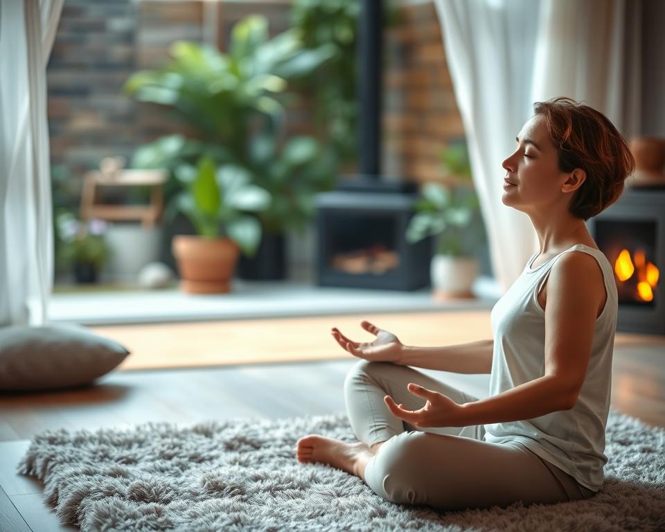 A tranquil scene of a person engaged in relaxing activities to alleviate the symptoms of gastric neurosis. In the foreground, a person sits cross-legged on a plush rug, eyes closed, hands resting gently on their lap, embodying a state of deep meditation. The middle ground features a calming environment, such as a serene garden or a cozy, dimly lit room, with soothing natural elements like potted plants or a crackling fireplace. The background is blurred, creating a sense of depth and focus on the person's inner experience. The overall mood is one of peace, stillness, and intentional self-care, conveying the restorative process of managing gastric neurosis through relaxation techniques.