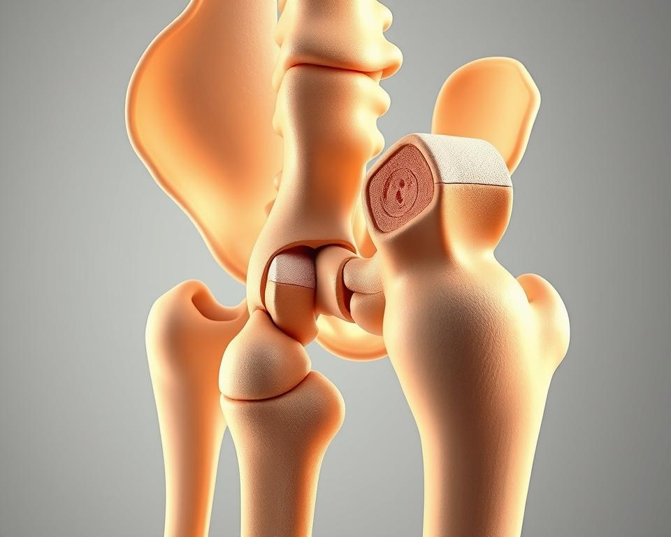An illustration of the causes and symptoms of Legg-Calvé-Perthes disease. A detailed, photorealistic scene depicting the hip joint anatomy, with a focus on the affected femoral head. The image should show the gradual deformation and flattening of the femoral head, as well as any associated bone abnormalities or necrosis. The composition should convey the progressive nature of the condition, using a clear visual narrative. Soft, warm lighting from the side highlights the complex bone structure. The background should be a neutral, clinical setting, allowing the medical details to take center stage. The overall mood is one of scientific examination and understanding of this orthopedic disorder.
