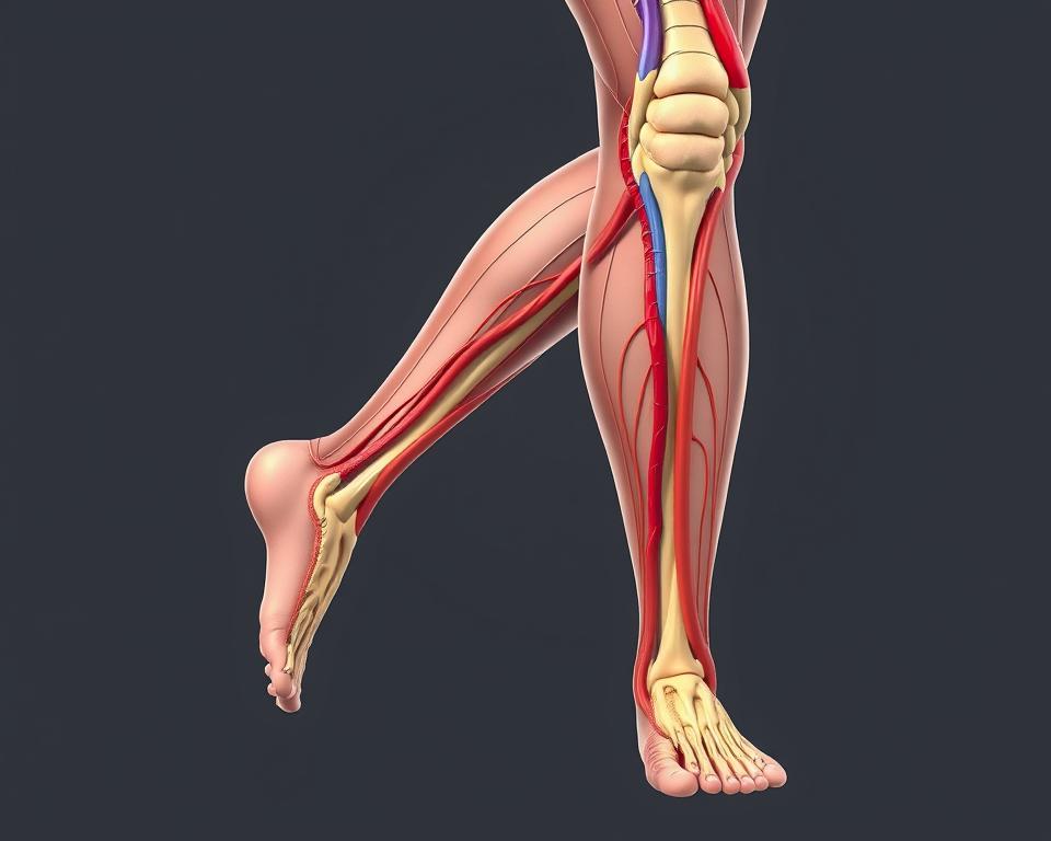 Detailed diagnostic image of deep vein anatomy, showcasing the intricate structure of deep leg veins. Rendered in a clinical, technical style with high-contrast lighting and a neutral, sterile color palette. Prominent display of the saphenous, femoral, popliteal, and tibial veins, with clear delineation of valves, tributaries, and connections. Cutaway view to reveal the deep vascular network, presented from a frontal perspective with a slight high-angle to provide optimal anatomical visibility. Conveys a sense of clinical precision and medical expertise suitable for an informative article on vein health and deep vein thrombosis. Detailed diagnostic image of deep vein anatomy, showcasing the intricate structure of deep leg veins. Rendered in a clinical, technical style with high-contrast lighting and a neutral, sterile color palette. Prominent display of the saphenous, femoral, popliteal, and tibial veins, with clear delineation of valves, tributaries, and connections. Cutaway view to reveal the deep vascular network, presented from a frontal perspective with a slight high-angle to provide optimal anatomical visibility. Conveys a sense of clinical precision and medical expertise suitable for an informative article on vein health and deep vein thrombosis.