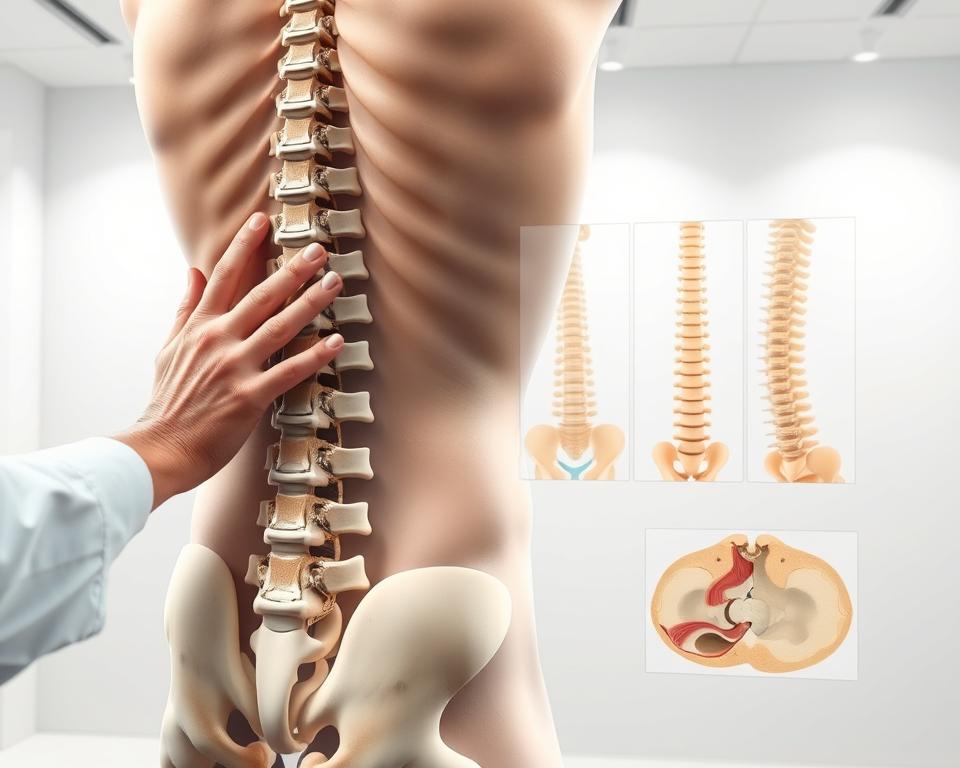 Detailed medical illustration of the human spine undergoing diagnostic examination. The foreground depicts a close-up view of a doctor's hands performing palpation and range-of-motion tests on a patient's lower back, capturing the process of physical evaluation. The middle ground showcases cross-sectional views of the vertebrae, discs, and surrounding musculature, providing anatomical context. The background features a clean, minimalist setting with subtle lighting, emphasizing the clinical and scientific nature of the diagnostic process. The overall composition conveys a sense of professionalism, precision, and the importance of thorough examination in addressing spinal pain and discomfort. Detailed medical illustration of the human spine undergoing diagnostic examination. The foreground depicts a close-up view of a doctor's hands performing palpation and range-of-motion tests on a patient's lower back, capturing the process of physical evaluation. The middle ground showcases cross-sectional views of the vertebrae, discs, and surrounding musculature, providing anatomical context. The background features a clean, minimalist setting with subtle lighting, emphasizing the clinical and scientific nature of the diagnostic process. The overall composition conveys a sense of professionalism, precision, and the importance of thorough examination in addressing spinal pain and discomfort.