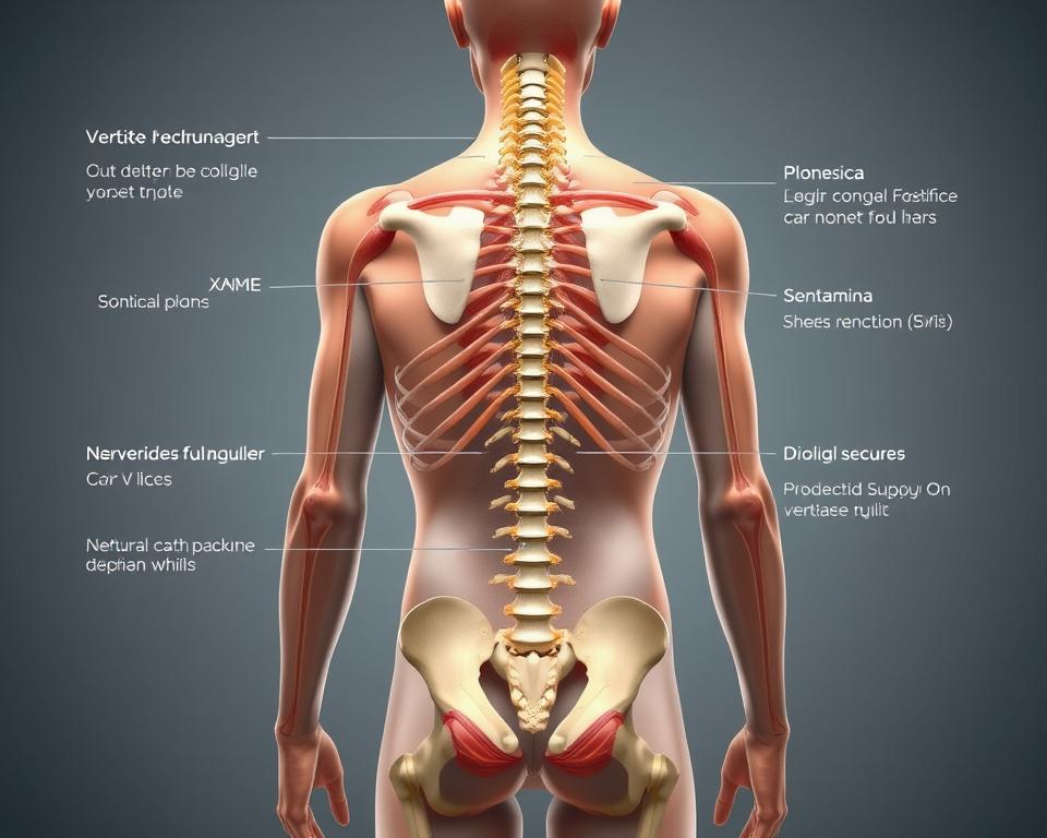a detailed medical illustration depicting the various causes of back pain, with a focus on the upper back and shoulder region. the image should show a full-body human figure in a neutral standing pose, with the spine and musculature clearly visible. key areas to highlight include the vertebrae, discs, nerves, and surrounding muscles. the illustration should use a clean, technical style with muted colors and clear, labeled anatomical structures. the lighting should be soft and directional, creating depth and emphasizing the 3D form. the overall mood should convey an educational, informative tone suitable for a medical article. a detailed medical illustration depicting the various causes of back pain, with a focus on the upper back and shoulder region. the image should show a full-body human figure in a neutral standing pose, with the spine and musculature clearly visible. key areas to highlight include the vertebrae, discs, nerves, and surrounding muscles. the illustration should use a clean, technical style with muted colors and clear, labeled anatomical structures. the lighting should be soft and directional, creating depth and emphasizing the 3D form. the overall mood should convey an educational, informative tone suitable for a medical article.