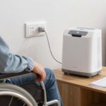 Osoba niepełnosprawna korzystająca z koncentratora tlenu zasilanego prądem elektrycznym