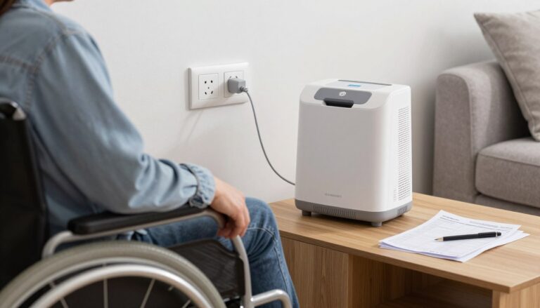 Osoba niepełnosprawna korzystająca z koncentratora tlenu zasilanego prądem elektrycznym
