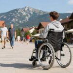 Osoba niepełnosprawna na wózku inwalidzkim w miejscowości uzdrowiskowej, gdzie pobierana jest opłata klimatyczna