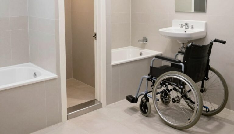 Typowe bariery architektoniczne w łazience: wysokie progi, wąskie drzwi i niedostępne urządzenia sanitarne