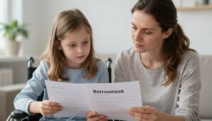 Matka opiekująca się dzieckiem z niepełnosprawnością, sprawdzająca dokumenty emerytalne