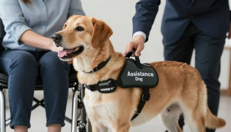 Pies asystujący w specjalnej uprzęży pomagający osobie z niepełnosprawnością