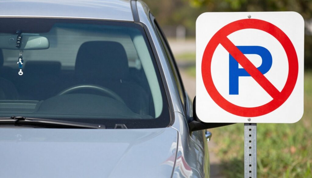 Samochód z kartą parkingową zaparkowany przy znaku zakazu postoju Samochód z kartą parkingową zaparkowany przy znaku zakazu postoju