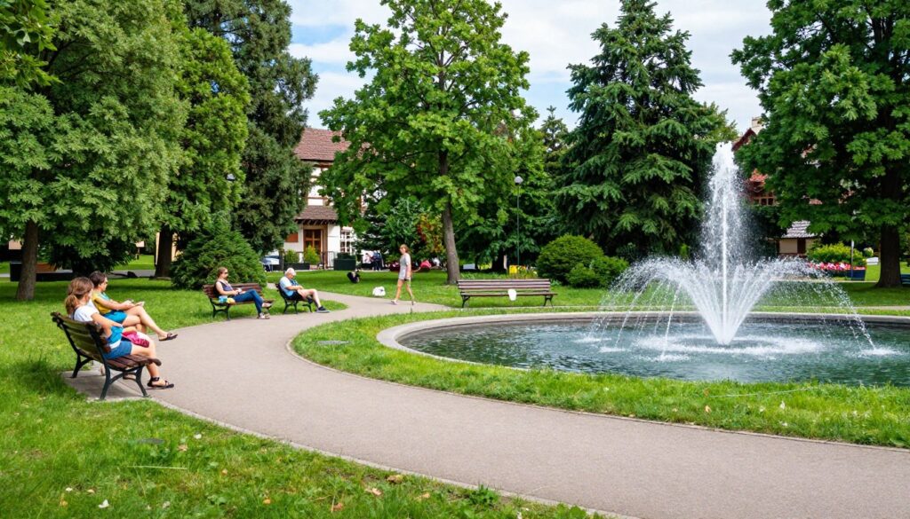 Park Zdrojowy w Busku-Zdroju w pobliżu Sanatorium Krystyna - alejki spacerowe, fontanny i zieleń Park Zdrojowy w Busku-Zdroju w pobliżu Sanatorium Krystyna - alejki spacerowe, fontanny i zieleń
