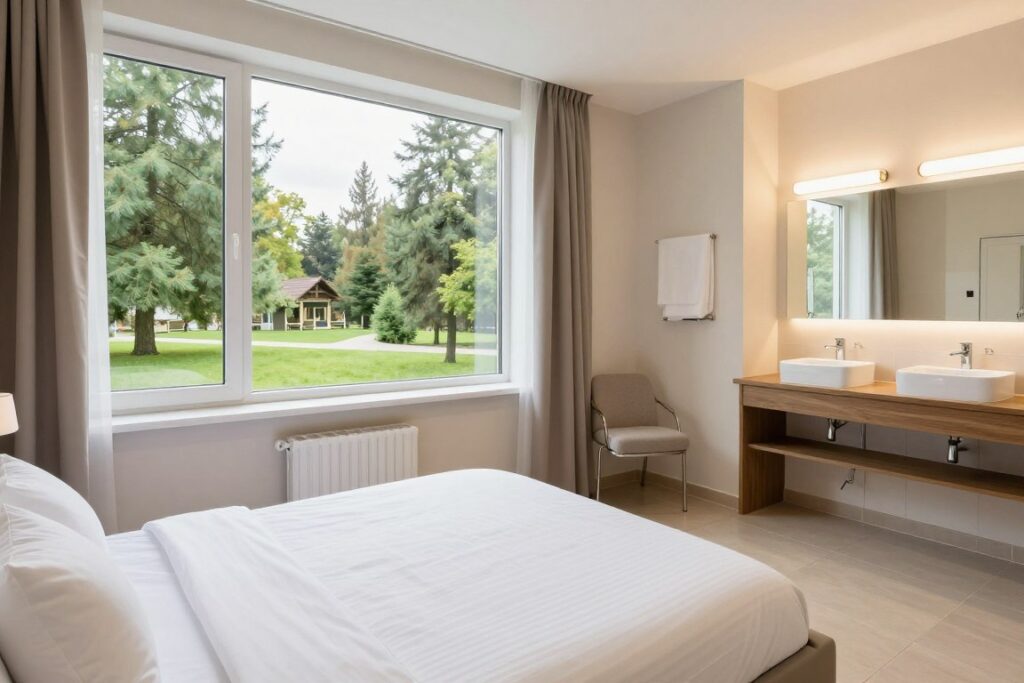 Pokój w Sanatorium Krystyna - komfortowe wnętrze z łóżkiem, szafą i widokiem na park zdrojowy Pokój w Sanatorium Krystyna - komfortowe wnętrze z łóżkiem, szafą i widokiem na park zdrojowy