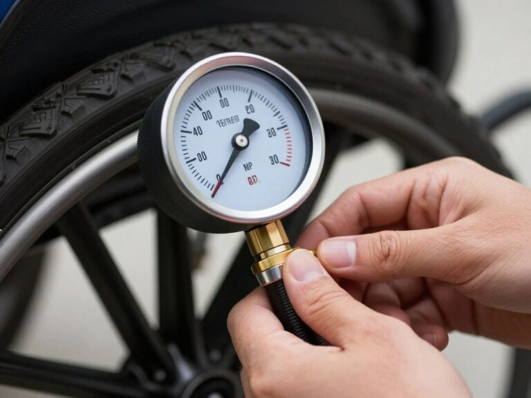 Pomiar ciśnienia w oponie wózka inwalidzkiego za pomocą manometru