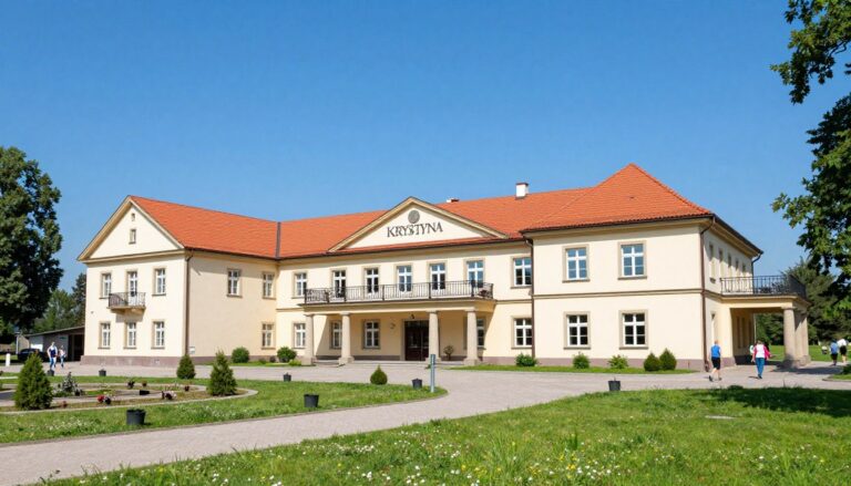 Sanatorium Krystyna w Busku-Zdroju - widok z zewnątrz na budynek główny i otaczający park zdrojowy